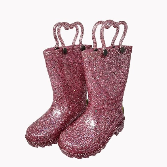 Western Chief Kids Size 5 Pink Confetti Shimmer Glitter Light Up Rain Boots - Picture 1 of 7